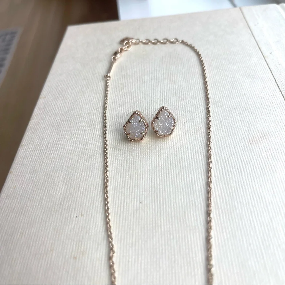 Kendra Scott Elisa Rose Gold Pendant Iridescent Drusy Necklace & Tessa Earrings